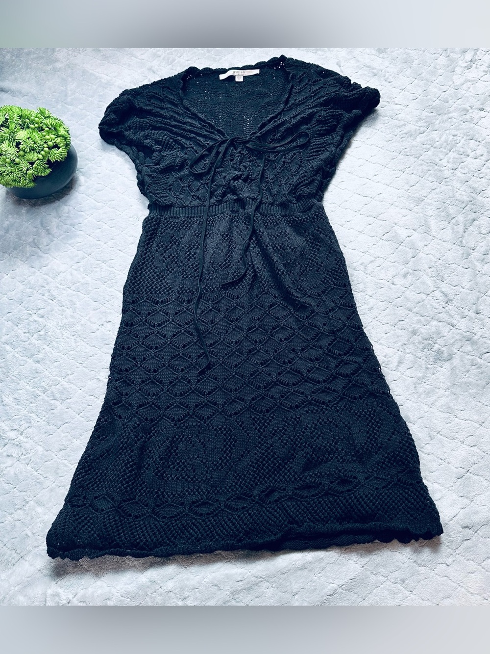 GUESS Los Angeles Black Crochet Lace Knit Midi Dress XL Boho Romantic